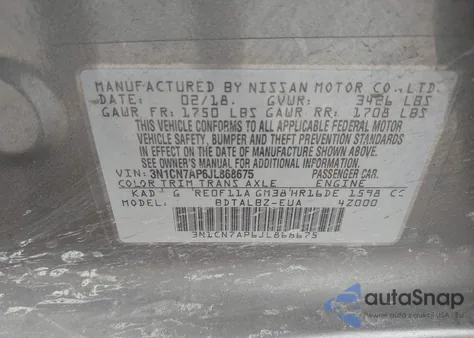 2018 Nissan Versa 1.6 Sv z USA, uszkodzony, nr VIN 3N1CN7AP6JL868675